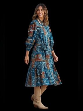 Talisman Castella Patchwork Print Long Sleeve Cotton Shirtdress
